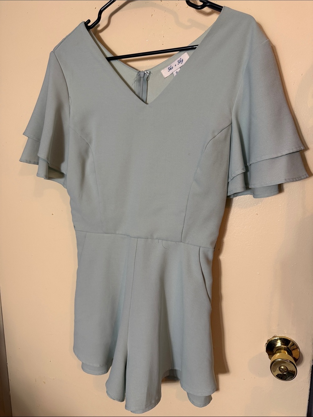 She + Sky Sage Green V-Neck Flutter Sleeve Peplum Top